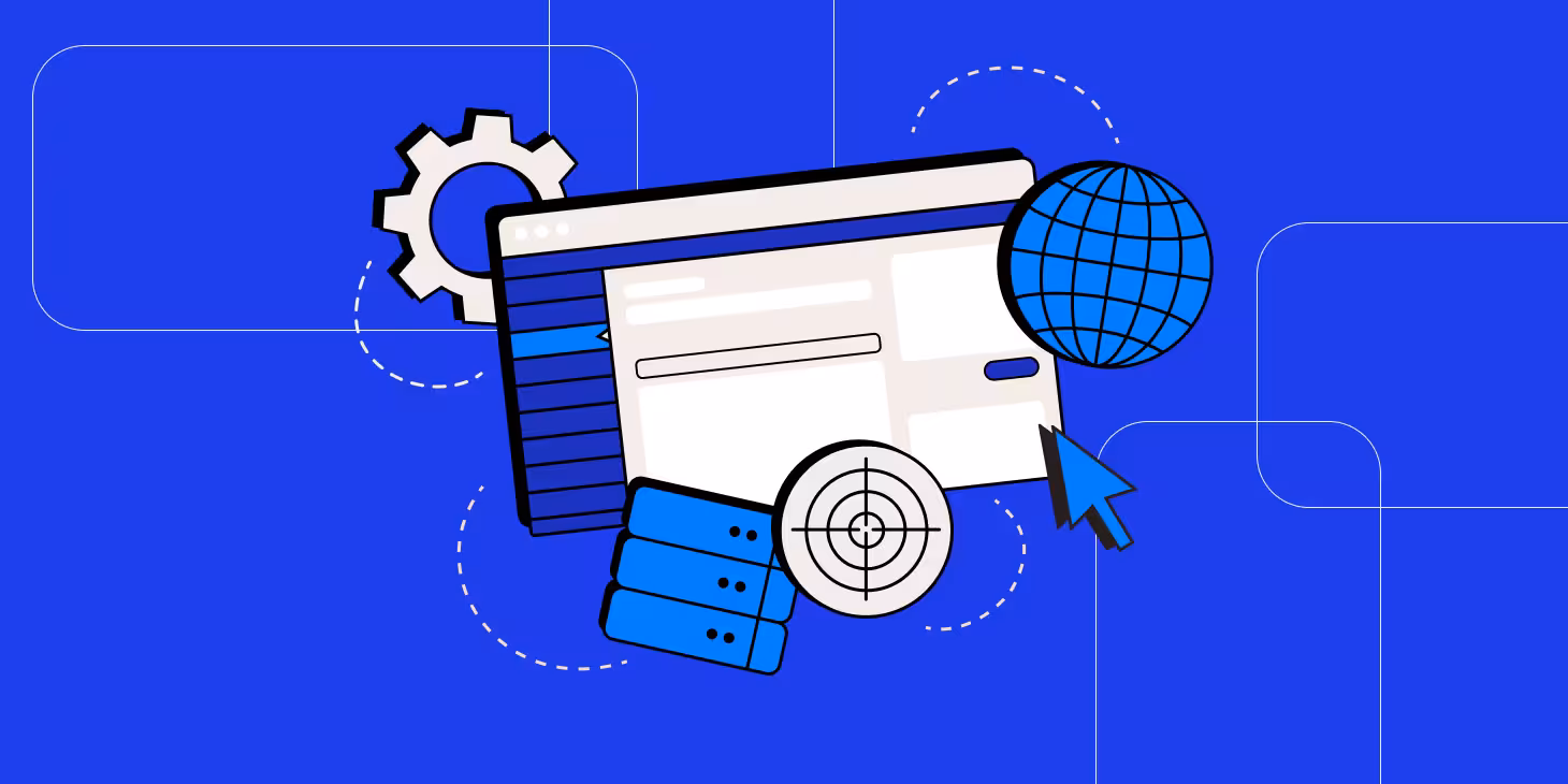 Web browser, gear, globe, servers, target, and cursor representing digital services.